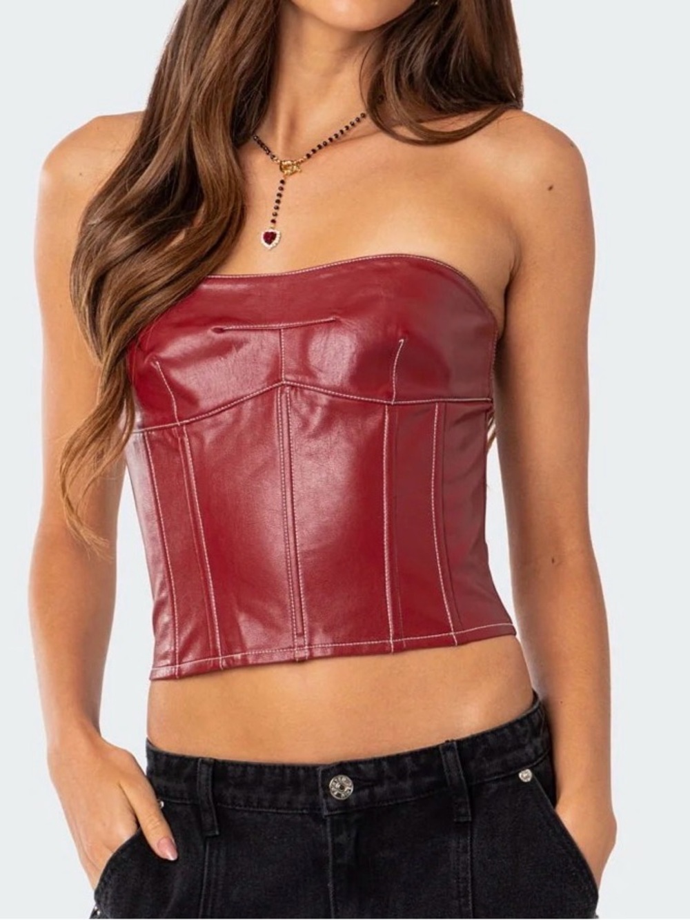 Edikted Red Faux Leather Strapless Corset Crop Top
